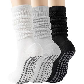 Yawlsow Slouchy Pilates Socks with Grips for Women Scrunch Yoga Grippy Non Slip Long Socks for Barre Workout Hospital