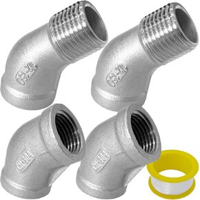 4PCS 45 Degree Elbow Pipe Fittings, 1/2 Inch NPT Female Pipe Fitting and Female to Male Thread Hose Connector Adapter, 304 Stainless Steel Casting Connector