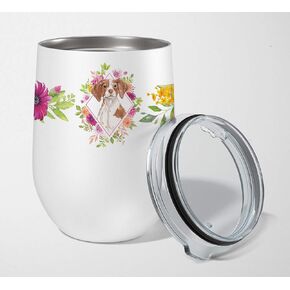 Caroline's Treasures CK4254TBL12 Brittany Spaniel Pink Flowers Stainless Steel 12 oz Stemless Wine Glass Insulated Wine Tumbler with Lid, Cute Travel Cup for Coffee, Cocktails, Gift Women, Mother