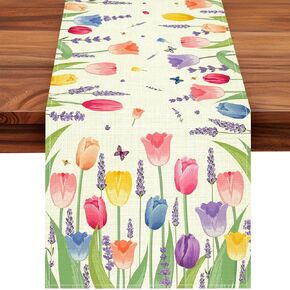 Tulip Lavender Spring Table Runner, Summer Seasonal Holiday Anniversary Kitchen Table Decorations, Indoor Outdoor Home Party Decor (Colorful Tulip Flowers, 13×72 Inches)
