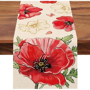 Spring Summer Poppy Flower Table Runner, Red Gold Floral Butterfly Kitchen Dining Table Decoration, Seasonal Burlap Indoor Outdoor Home Decor Party Supply 13 x 36 Inches