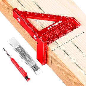 3.8＂Mini 3D Multi-Angle Measuring Square Ruler, WT102A High Precision Hole Scribing Woodworking Tools, 0-90° Aluminum Alloy Carpenter Square Wood Working Tools, Carpenter Pencils 6 Refills.