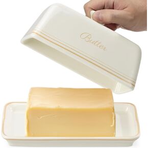 Navaris Butter Dish with Lid - Stoneware Holder Container with Cover - Holds 250g of Butter (5.3oz) - Safe for Microwave Freezer Oven Dishwasher - Cream White