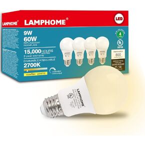 4-Pack Soft White LED Bulbs - Ideal for Bedroom & Living Room, 60W Equivalent, 2700K, 9W, 15000-Hour Life, E26 Base