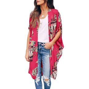 Ivay Womens Floral Kimono Duster Cardigans Short Sleeve Draped Oversized Beach Cover Up Cape