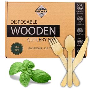 Disposable Wooden Cutlery Set - 100% Compostable Wooden Silverware 360 Pieces [120 Forks, 120 Spoons, 120 Knives] - Wooden Disposable Utensils - Compostable Forks and Spoons - Compostable Silverware