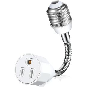 Outlet Socket Adapter 3 Prong, E26 E27 US Standard Goose Neck Light Bulb Extender Adjustable Receptacle Converter Grounded for Flood Lights Polarized Plugs, Indoor Outdoor Garden Patio Use (1 Pack)