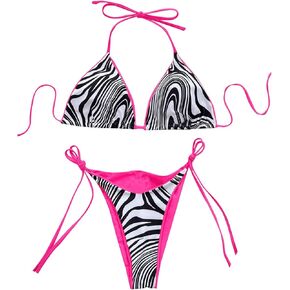 WDIRARA Women's 2 Piece Zebra Print Bikini Set Triangle Halter Swimsuit Tie Contrast Binding Bathing Suit
