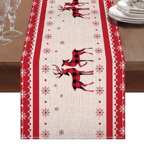 FengRise Red and Black Buffalo Plaid Christmas Deer Snowflakes Table Runner - 72 Inches Red and White Seasonal Winter Xmas Party Decoration for Holiday Indoor Home Kitchen Decor