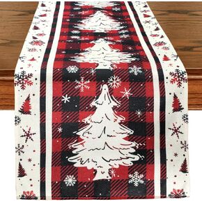 Buffalo Plaid Christmas Tree Christmas Table Runner, Red Winter Holiday Kitchen Dining Christmas Table Decoration for Indoor Outdoor Home Party Decor 13x72 Inch (Christmas Tree)