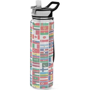 World Flag Print Pattern Water Bottles with Straw Sports Bottle Large Water Bottle with Handle Perfect for Fitness Gym Camping Cycling Hiking