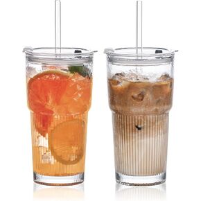 20oz Glass Tumblers with Lids and Straws, Set of 2 - Stylish Ribbed Design Drinking Glasses for Iced Coffee Cups, Juice, Smoothies, Cold Beverages, Includes Cleaning Brush, Durable Glassware
