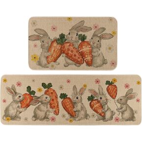 Carrots Bunny Rabbit Easter Kitchen Rugs Set of 2, Spring Summer Home Decor Low-Profile Kitchen Mats for Floor - 17x29 and 17x47 Inch
