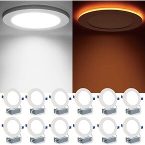 Meconard 12 Pack 6 Inch 5CCT LED Canless Recessed Lighting with Night Light, 2700K/3000K/3500K/4000K/5000K Selectable Ultra-Thin LED Ceiling Lights, 12W=110W, 1050LM, Dimmable Wafer Downlight ETL&FCC