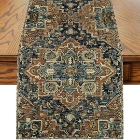 Boho Blue Brown Table Runner,Vintage Elegant Farmhouse Table Center Linen Decor,Country Rustic Farmhouse Magical Fall Kitchen Dining Table Decoration for Home Dining Party Decor 13x48 Inch