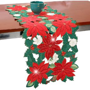 Christmas Table Runner 36 Inches Poinsettia Red Flower Short Embroidered Velvet Floral Xmas Decoration Festive Holiday Pine Cones Green Cutwork Dining Table Decor