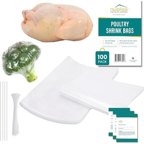 NuBliss Poultry Shrink Wrap Bags,13x18 Inches Poultry Heat Shrink Bags Freezer, Includes Zip Ties, Labels, and 2 Insert Straws, Thick Clear Shrink Wrap for Chicken, Meats, and Vegetables (100)