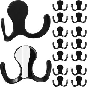 Queekay 16 Pcs Self Adhesive Double Prong Coat Hooks for Hanging Heavy Duty Wall Hook for Towel Backpack Hat Coat Bag Robe Key Metal Hanger Utility for Bathroom Bedroom Door (Black)