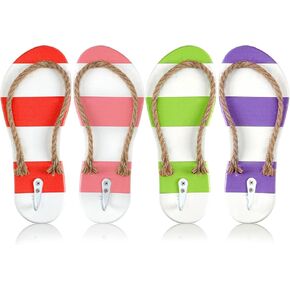 Sintuff 4 Pcs Pool Towel Hooks Wooden Ornament Hooks Hawaii Decorative Wall Hooks Towel Rack Hangers for Beach Swimming Pool Bathroom Bedroom Decoration(Flip Flop)
