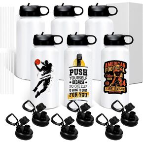 BetterSub 32oz Sublimation Sports Water Bottle Stainless Steel Insulated White Tumbler with Wide Mouth Lid and Straw 6 Packs