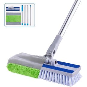 Scrub Mop Brush for Floors Cleaning, 2 in 1 Scrub Brush with Long Handle and Microfiber Mop Cloth Set, 60" Stiff Bristle Concrete Floor Scrubber, Deck Brushes for Scrubbing Heavy Duty, Patio