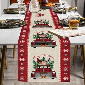 Linen Cotton Christmas Table Runner Red Truck Tree Rustic Table Runner for Christmas Holiday Birthday Party Table Home Decoration, 13x70 Inch