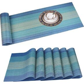 Placemats with Compatible Table Runner Crossweave Insulation Placemat Washable Table Mats Set(6pcs 12"x18" + 1pcs 12"x71",Ombre Blue)