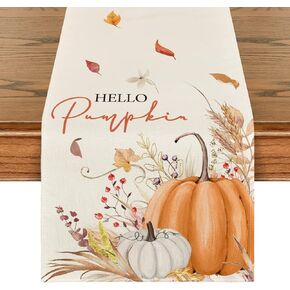 Artoid Mode Hello Pumpkin Flowers Leaves Thanksgiving Table Runner, Seasonal Fall Harvest Vintage Kitchen Dining Table Decoration for Indoor Outdoor Home Party Decor 13 x 72 Inch