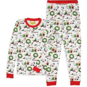 INTIMO Peanuts Women's Men's Unisex Christmas Santa Snoopy Charlie Brown Characters Sleep Pajama Set (Small)