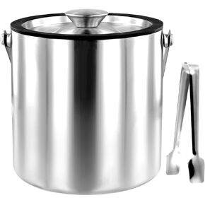 Ice Bucket with Lid Strainer Tong,2QT Double Walled Stainless Steel Insulated Ice Bucket Container,Good Sealing Ice Cube Bucket with Cover for Chilling Beer Cocktail Bar Parties