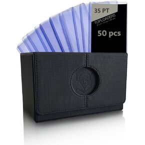 Card Deck Box - Toploader Compatible Include 50 Toploaders 35pt, Trading Card Storage Box Fits 200 Double-Sleeved Cards with Dice Tray - PU Leather (Black and Grey), SB100TP
