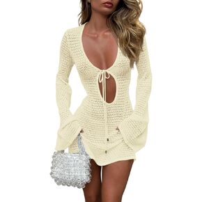 Saodimallsu Womens Crochet Swimsuit Cover Up Long Bell Sleeve V Neck Tie Front Summer Knit Beach Dress Vacation Outfits