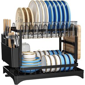 LMingKun Dish Drying Rack, Multifunctional Dish Rack, Rustproof Kitchen Dish Drying Rack with Drainboard, Space-Saving 2-Tier Dish Drying Rack with a Large Capacity for Kitchen Counter Black