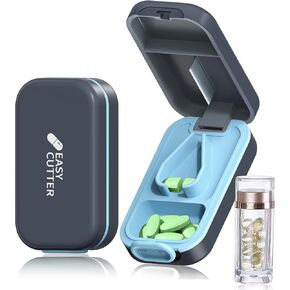 Pill Cutter | Best Pill Cutter for Small or Large Pills |with Safety Lock Buckle Design in The USA| Cuts Vitamins | Pill Splitter Detachable Silicone pad Easy to wash with Crystal Pill Box (Grey)