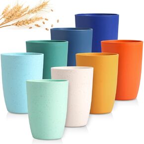 Plastic Drinking Cups Reusable 12 OZ, Wheat Straw Cups Unbreakable Cups for Kitchen - BPA Free Cups Dishwasher Safe Plastic Tumbler Cups Set of 8