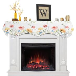 Mantle Scarf 90 x 17 Inch, Spring Watercolor Flowers Sunflowers Poppies Dahlias On Top and Down Fireplace Mantel Scarf Mantel Cover Runner for Home Living Room Indoor Holiday Party Decor