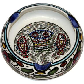 Holy Land Market Ceramic Round Ashtray with Fish and Loaves - Tabgha or Miracle of Multiplication (Fish and Bread) Design (6 Inches in Diameter) - Large - Asfour Outlet Trademark