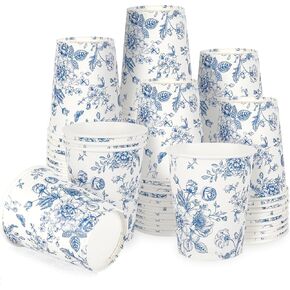 50Pcs Floral Paper Cups 9oz Blue White Flowers Disposable Cups Vintage Floral Party Drinking Cups for Cold Hot Drinks Party Supplies
