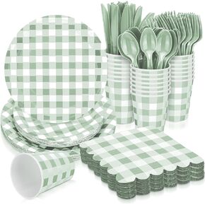 168 Pcs Gingham Party Supplies for 24 Guests Paper Plates Knives Spoons Forks Napkins Cups Disposable Set Cutlery for Checkered Dinner Wedding Party Favor(Sage Green)