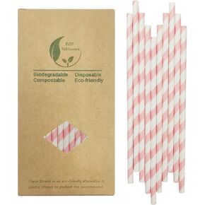 Biodegradable Pink Striped Paper Straws, 100 Pack Cute Pink and White Drinking Straws for Cake Pop Sticks, Princess Party Wedding Decoration