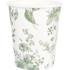 100Pcs Floral Paper Cups White Sage Green Flowers Party Cups 9oz Disposable Toile Chinoiserie Drinking Cups for Hot Cold Beverage Birthday Baby Shower Party Supplies (100, Sage Green)