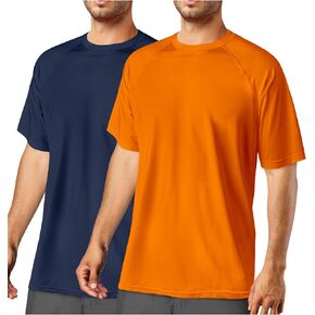 2Pack Rash Guard for Men Short Sleeve Sun Protection UV Swim Shirts Dry Fit UPF 50 Fishing Beach Water SPF Shirts Activewear Athletic Mens Sports Clothing Lightweight Orange & Navy Blue 2XL