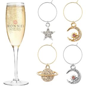 P651 Little Moon Saturn and Star Wine Charms Glass Markers Tags for Party Decorations with Velvet Bag- Set of 4