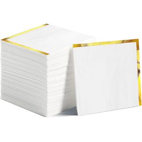 200 Pcs 2 Ply White Napkins with Gold Trim Cocktail Napkin Gold Foil Beverage Napkins Dessert Disposable Decorative Cocktail Napkin Paper for Wedding Birthday Anniversary