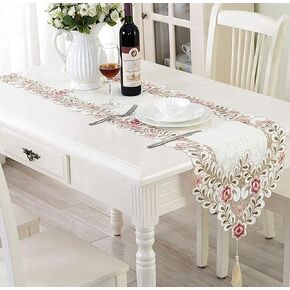 LeLehome 15 Inch X 86 Inch Classic Flowers Embroidered Lace Long Table Runner, Dark Rose Floral Washable Dresser Scarves Dining Table Top Home Wedding Decoration