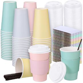 Bokon 100 Pack Disposable Coffee Cups with Lids 16 oz Paper Coffee Cups Bulk with Sleeves Stirring Straws Set Pink Cute Disposable Drinking Mug for Hot Cold Beverage Party, 4 Colors