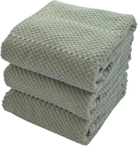 Sage Green Kitchen Dish Towels: 100% Cotton Cloth Soft Cleaning Drying Absorbent Textured Terry Loop, Set of 3 Multipurpose for Everyday Use in Kuwait