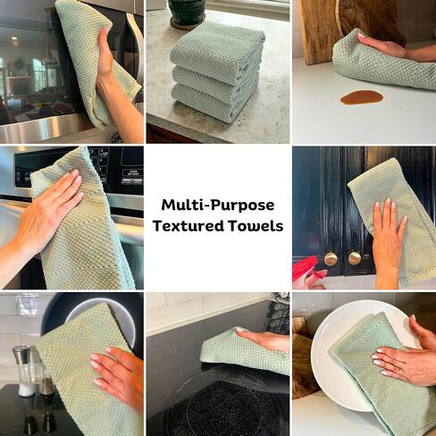 Sage Green Kitchen Dish Towels: 100% Cotton Cloth Soft Cleaning Drying Absorbent Textured Terry Loop, Set of 3 Multipurpose for Everyday Use in Kuwait