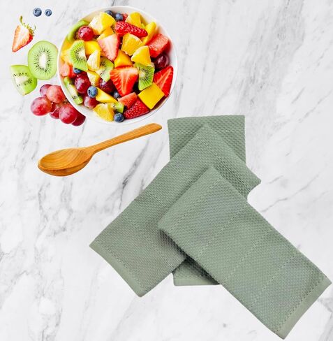 Sage Green Kitchen Dish Towels: 100% Cotton Cloth Soft Cleaning Drying Absorbent Textured Terry Loop, Set of 3 Multipurpose for Everyday Use in Kuwait