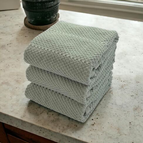 Sage Green Kitchen Dish Towels: 100% Cotton Cloth Soft Cleaning Drying Absorbent Textured Terry Loop, Set of 3 Multipurpose for Everyday Use in Kuwait